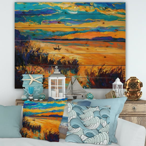 Designart 'Little Boat At The Horizon Of A Lake During Evening Glow' Nautical & Coastal Print on Natural Pine Wood