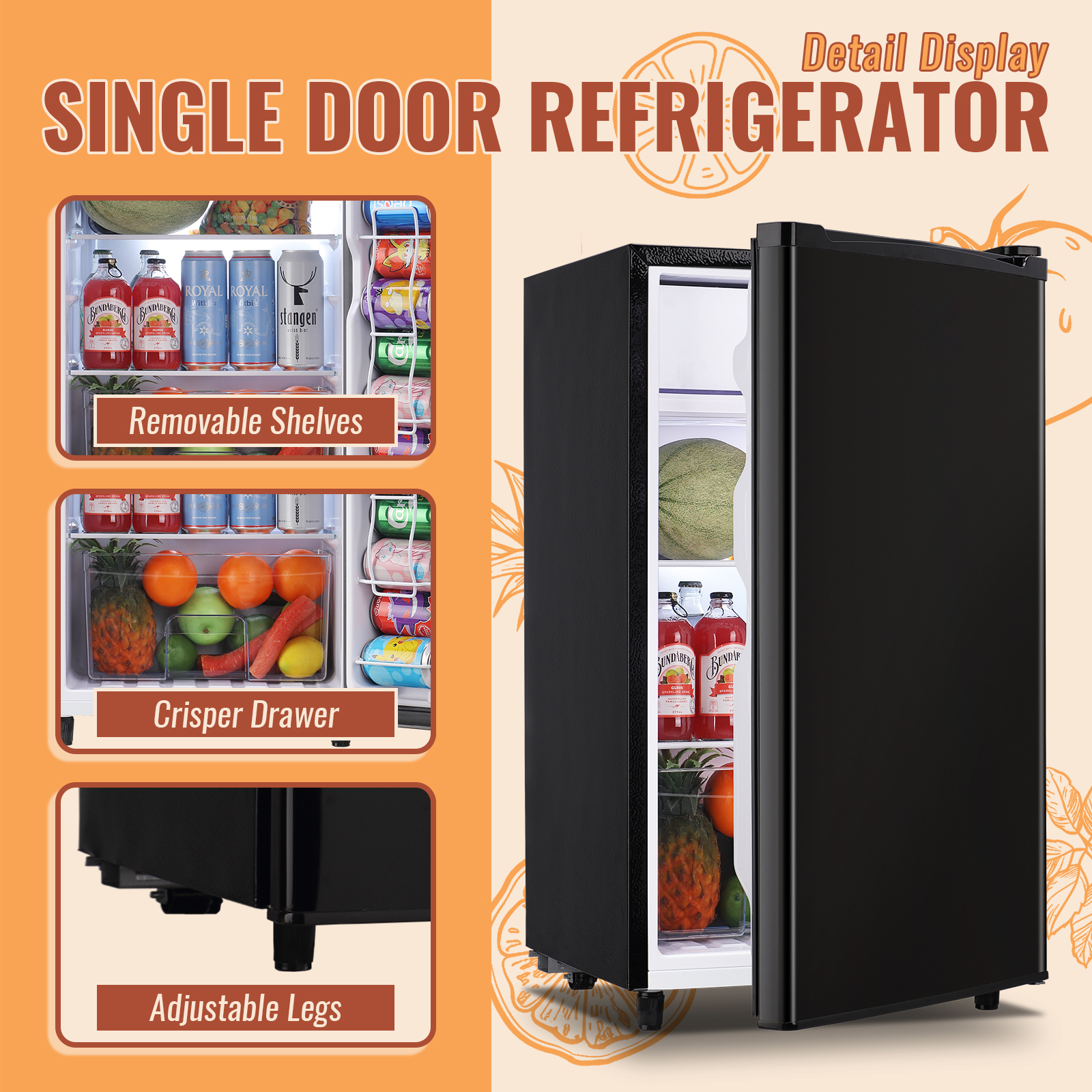 DEMULLER 3.2 Cu.ft Mini Fridge with Freezer Single DoorFridge Adjustable Temperature New Black
