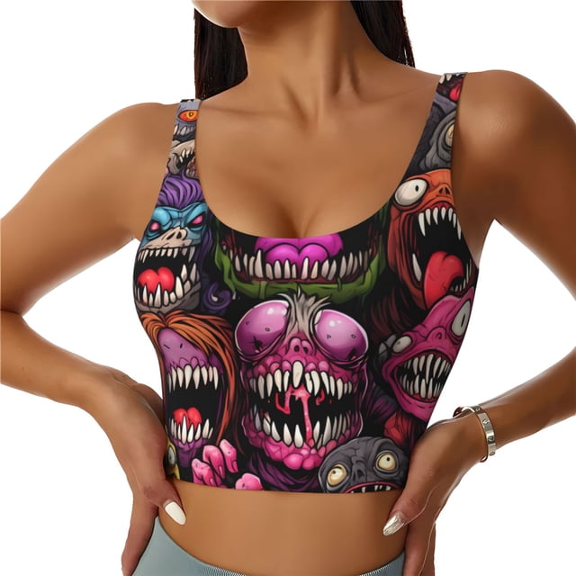 Balery Monstrous Cartoon Characters Sujetadores deportivos con espalda cruzada para mujer, acolchados, sin costuras, de alto impacto, ideales para yoga, gimnasio, entrenamiento y fitness.-Large