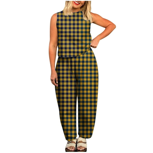 Ensemble Haut Sans Manches à Col Rond Imprimé à Carreaux et Pantalon Capri Taille Haute pour Femmes, Tenue Décontractée, Bleu Clair, P