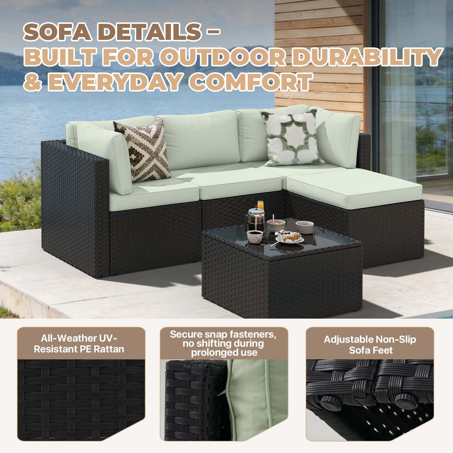 BaPiPro Modular Outdoor Wicker Patio Furniture Set with Tempered Glass Coffee Table & Removable All-Weather Cushions for Backyard, Poolside & Balcony Light Green