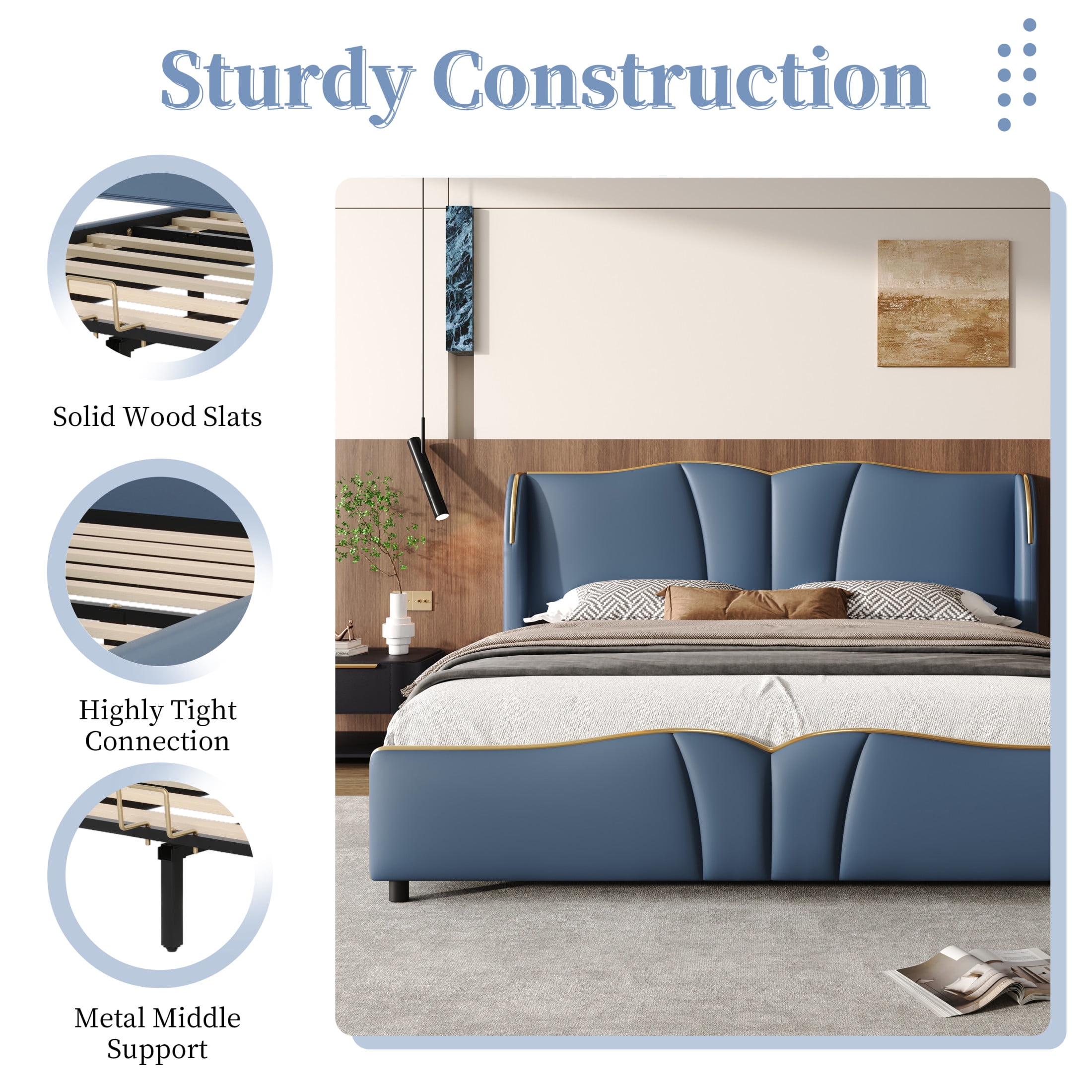 Christopher Knight Home Luxury PU Upholstered Queen Bed Frame with Wingback Headboard, Antique Blue