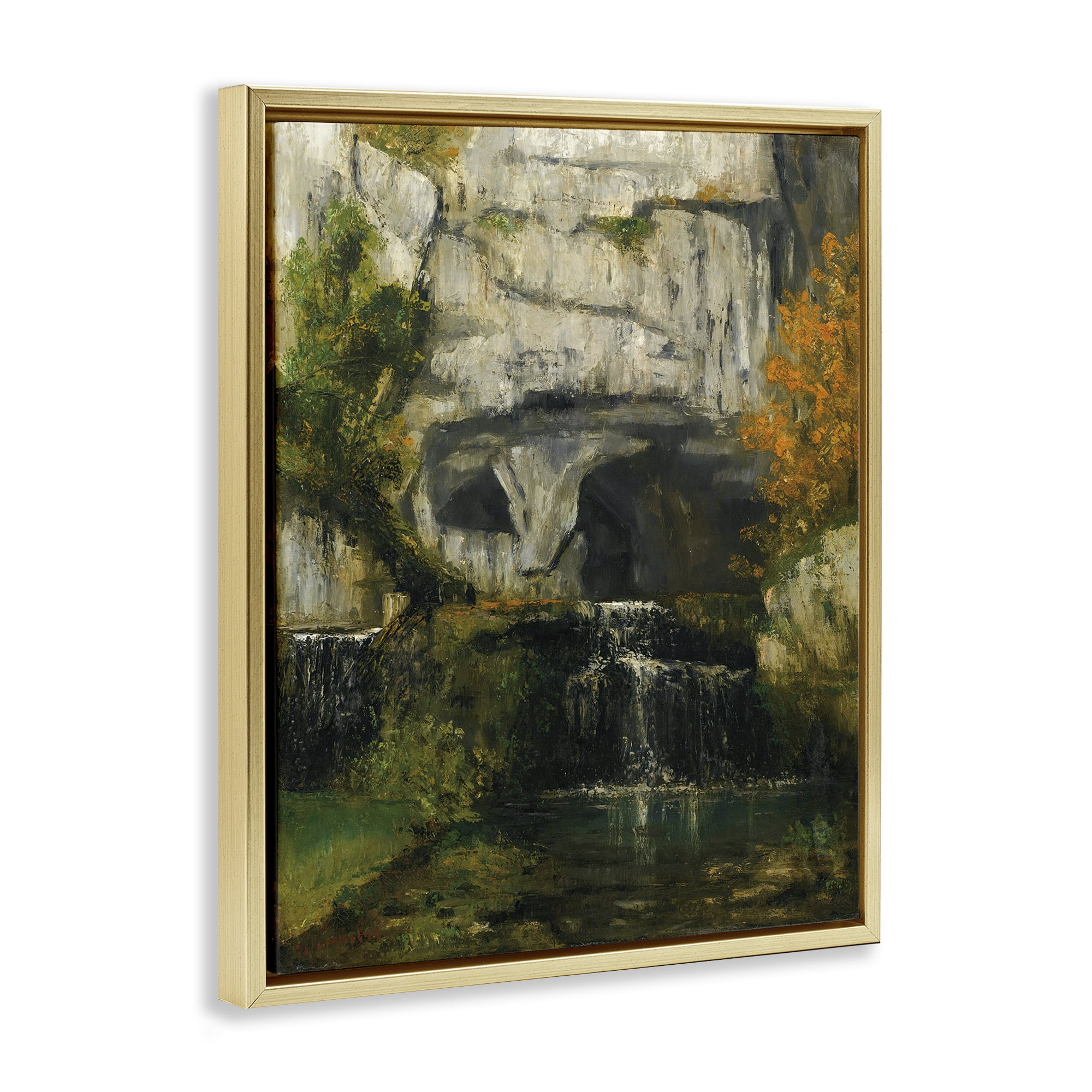 Stupell Industries Classic Courbet Waterfall Landscape & Nature Painting Gold Floater Framed Canvas Art Print Wall Art, 25 x 31