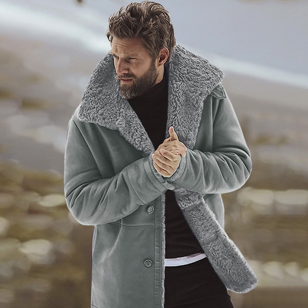 AMOMENT Men's Winter Sheepskin Jacket Warm Wool Lined Mountain Faux Lamb  Jackets Coat, Gray, XXL