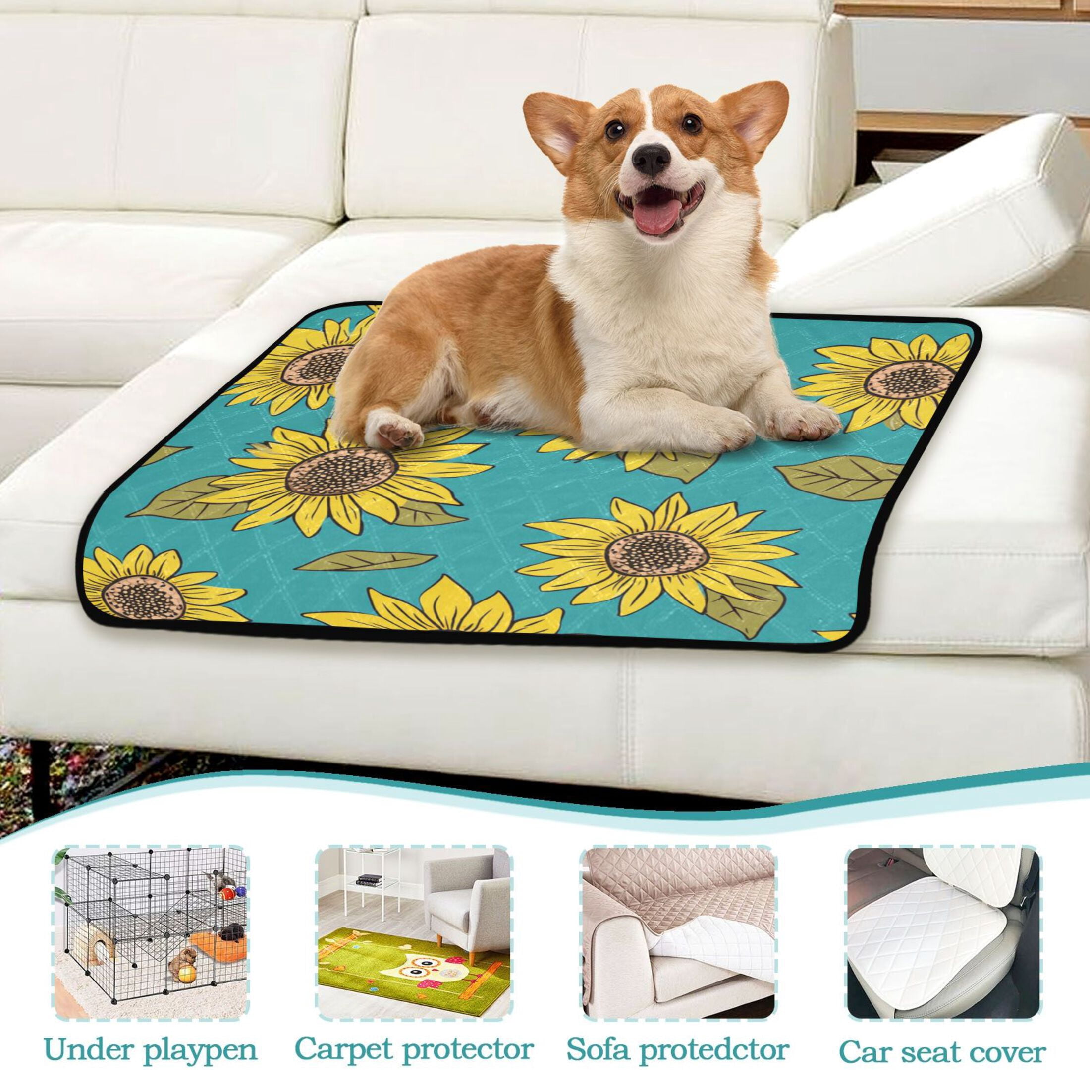 Washable Pet Pee Pads with Super Absorbent Reusable Training Pads for Dogs & Cats Yellow Sunflowers Pattern