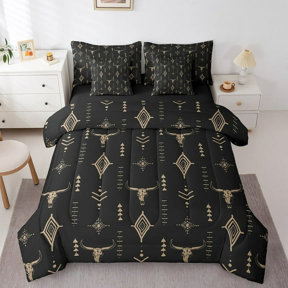 Erosebridal Western Style Bedding Queen Size,Bull Skull Bedding Sets Queen Size,Aztec Tribal Comforter Sets with Sheets,Microfiber Teens Bedroom Decor,Reversible,7 Pieces