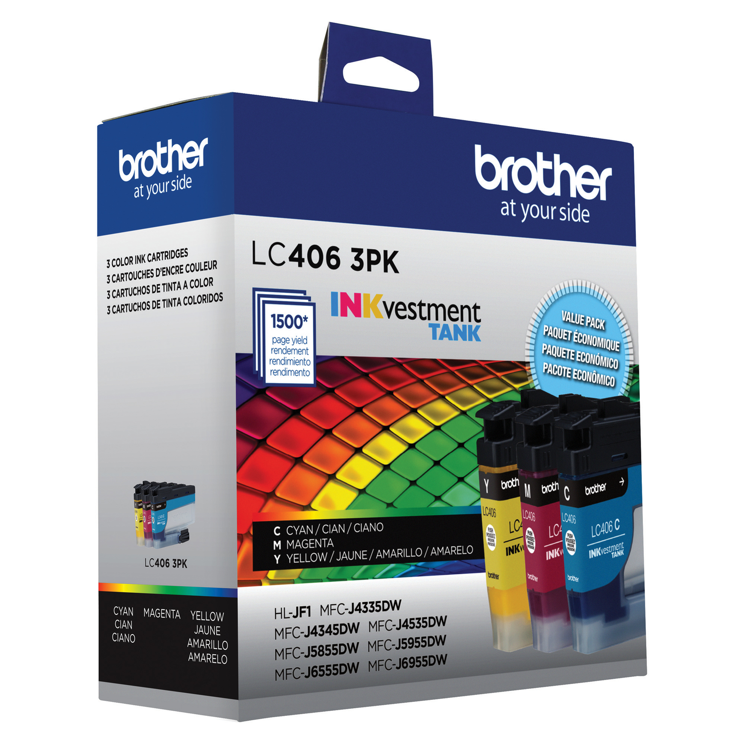 Brother Genuine LC406 3PK Standard Yield INKvestment Tank 3-Pack Ink Cartridges – includes 1 cartridge each of Cyan, Magenta & Yellow Ink