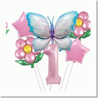 Fluttering Fairyland 1st Birthday Balloon Decorations - Whimsical Pink Blue Butterfly Floral F Balloons for Girl's First Birthday Party & Baby Shower Supplies