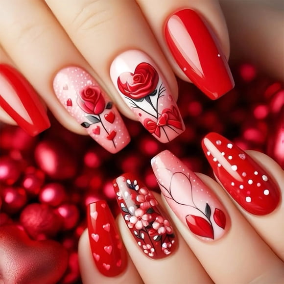 Ataúd largo con forma de rosa de San Valentín, 24 unidades, de Press on Nails, FDSQHSA
