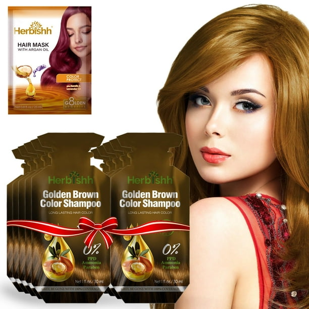 Herbishh Hair Coloring Shampoo with Argan Mask (10 Sachets + 1 Pouch) | 3-in-1 Dye, PPD-Free, Easy Application, Gray Coverage, Travel Pack | 6 Shades (Golden Brown)