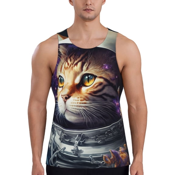 Gukieu Astronaut Cat Print Men's Quick Dry Fitness Vest, Round Neck Sleeveless Fitness Bodybuilding Top-Small