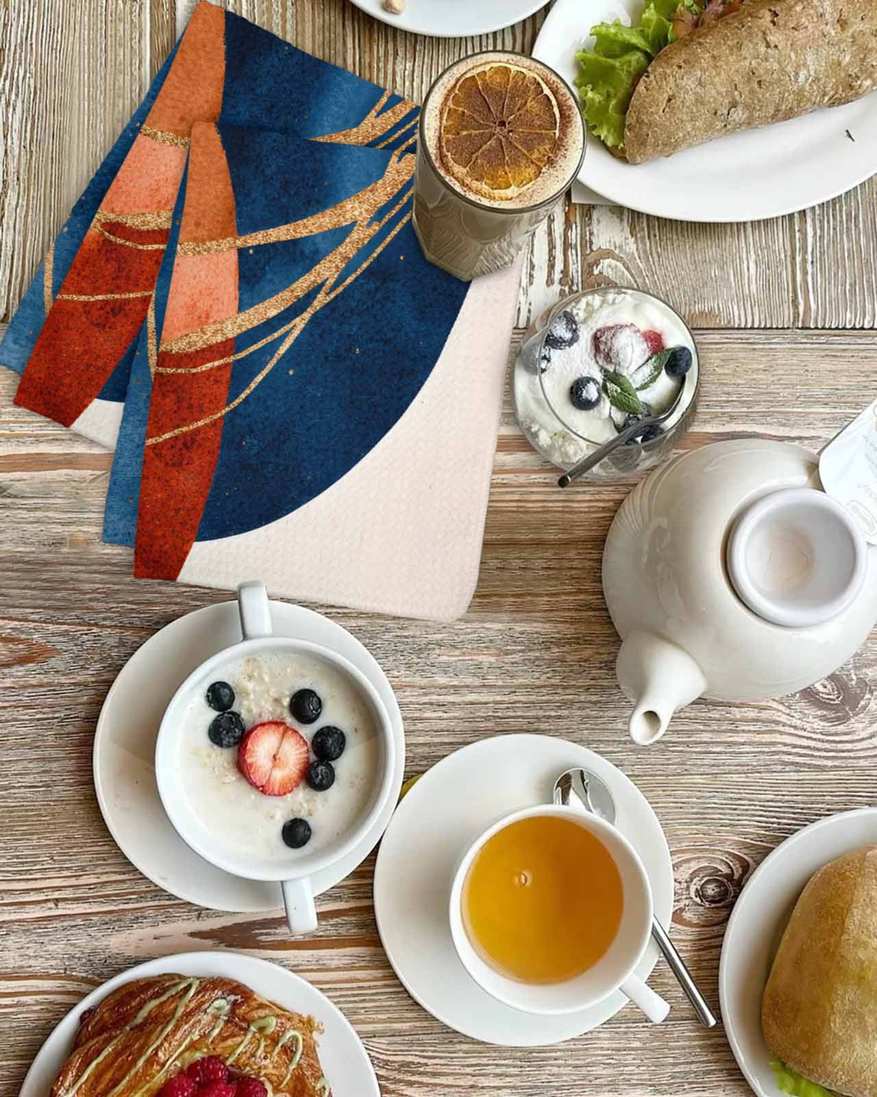 Navy Blue Burnt Orange Hand Towels Set, Waffle Weave Kitchen Towels 2 Pieces, Boho Art Modern Geometric Microfiber Hair Face Bath Tea Towel Absorbent Quick Drying Cleaning Dish Cloths 15.7"x23.6"