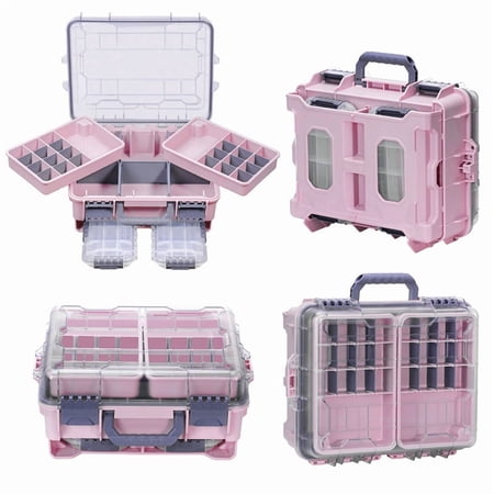 Large Heavy-Duty Waterproof Tackle Storage Box with Double-Layer Compartments Secure Locking Latches & Heavy-Duty Construction – Pink Fishing & Hunting Gear Organizer with Ergonomic Handle