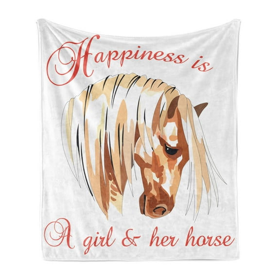Animal Soft Flannel Fleece Blanket, Happiness is a Girl and Her Horse Lettering with Side Portrait of Animal, Cozy Plush for Indoor and Outdoor Use, 50" x 60", White and Multicolor, by Ambesonne