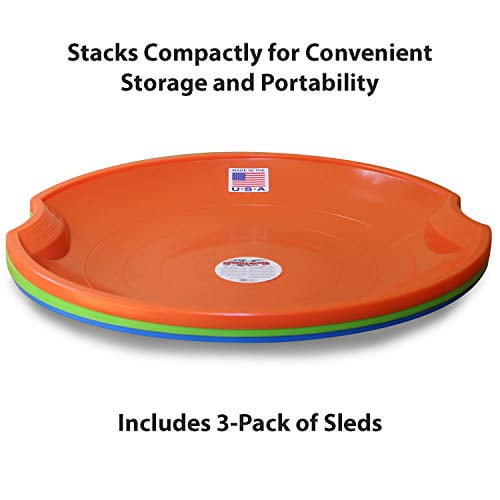 Flexible Flyer 3-Pack Snow Saucer Sleds. Round SNO Slider Discs, Blue, Orange, Green