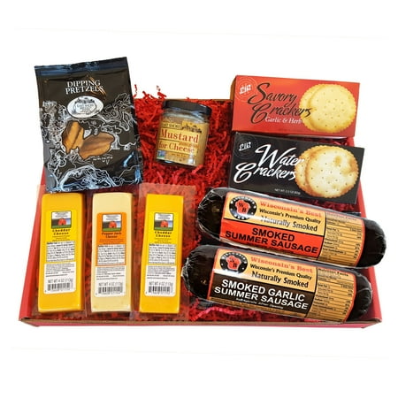 Deluxe Classic Gift Basket - features Summer Sausages, 100% Wisconsin Cheeses, Crackers, Pretzels & Mustard | Perfect
