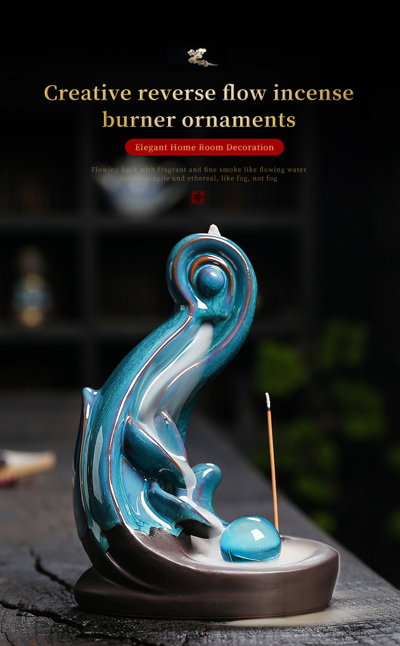 Ceramic Reflux Incense Burner Tower Home Decoration Holder Waterfall Incense Burner with 60 Backflow Incense Cones Lotus Backflow Incense Holder Ceramic Censer