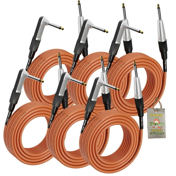 Guitar Cables (6 Pack) Right Angled Instrument Cord by Fat Toad 20FT 1/4 Quarter Inch Straight-End 20 GA Wires for Electric Guitar Pedal, Bass, Keyboards, Speaker Amplifier & Audio Studio Recording