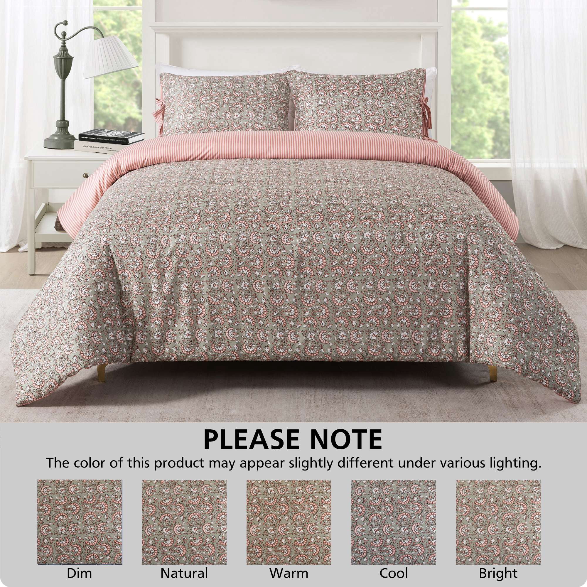 Mainstays Full/Queen Comforter Set, All-Season Reversible, 3-Piece, Green Floral Bowknot