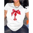 thumbnail image 1 of Women's Casual Crew Neck T-Shirt with Abstract Red Bow Print - Polyester & Spandex Blend, Knit Fabric, Medium Stretch, Butterfly Pattern, Fashionable Short Sleeve Tee for All Seasons, 1 of 6