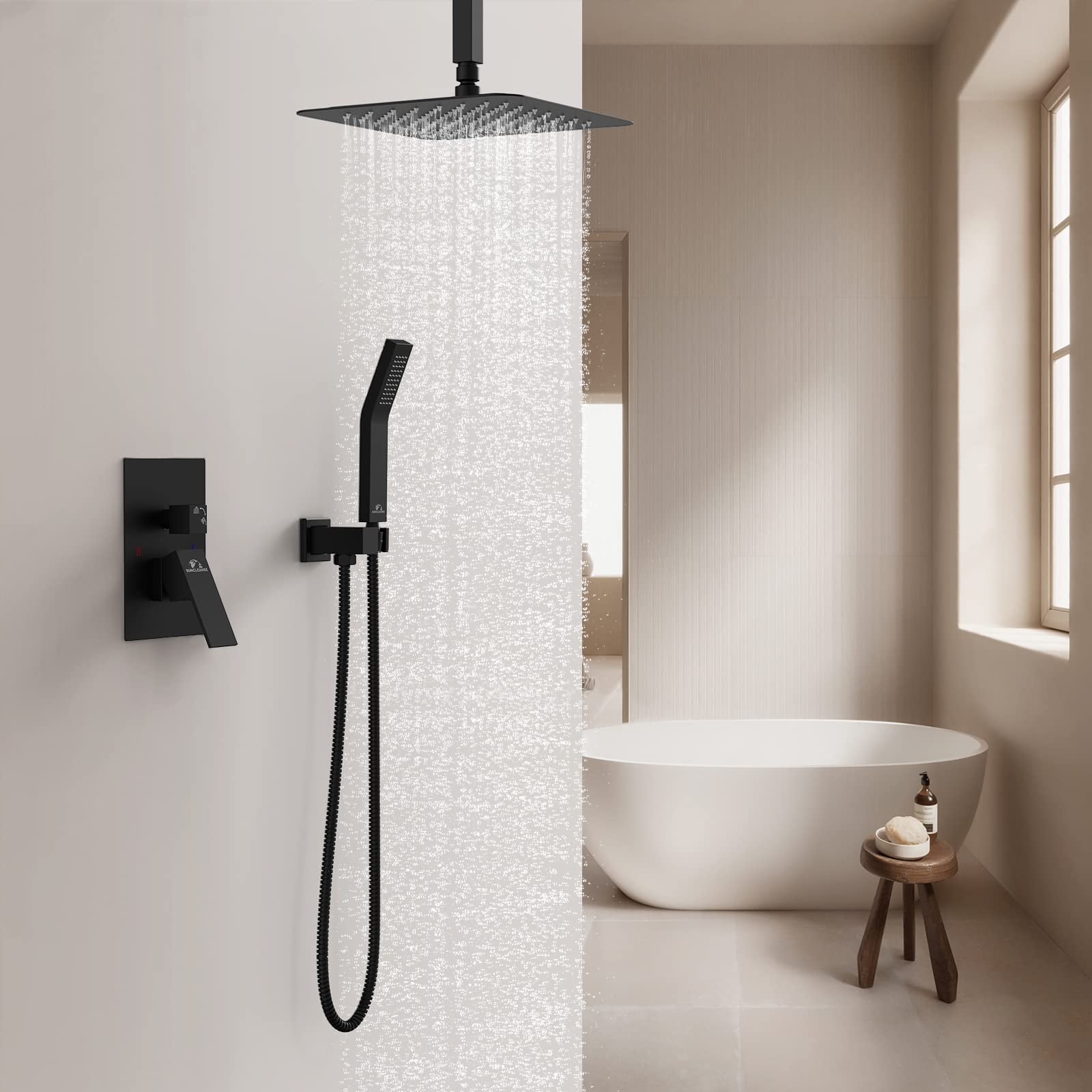 SunCleanse 12 Inches Rainfall Shower System Matte Black Ceiling Mounted Shower System Combo Set with High Pressure Square Rain Shower Head Handheld and Shower Faucet Rough-in Mixer Valve and Trim