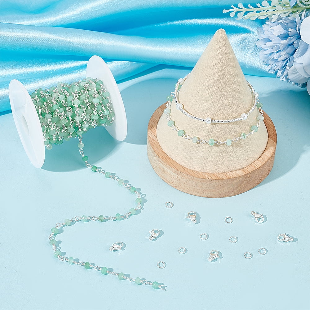 DIY Bracelet Necklace Making Kit Including Faceted Natural Jade Rondelle Beaded Link Chains 304 Stainless Steel Clasps Brass Jump Rings Silver Chain: 12x4mm 4m/set
