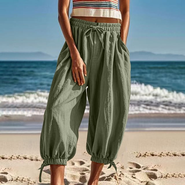 Hauts pour Femmes Liquidation Bdfzl Salopette Ample en Coton Lin Vert Armée m