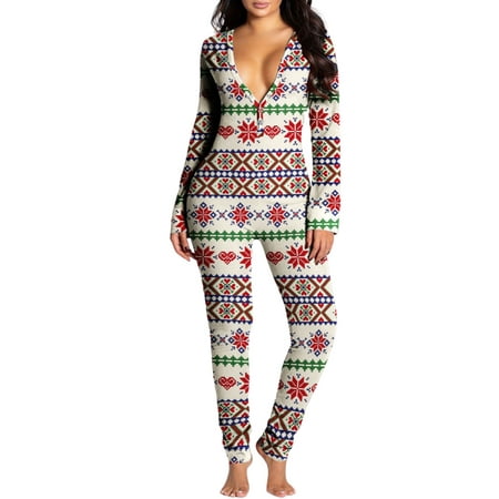 

Womens One Piece Onesie Christmas Sleepwear Deep V Neck Butt Button Back Flap Jumpsuit Pajama Bodycon Bodysuit Romper