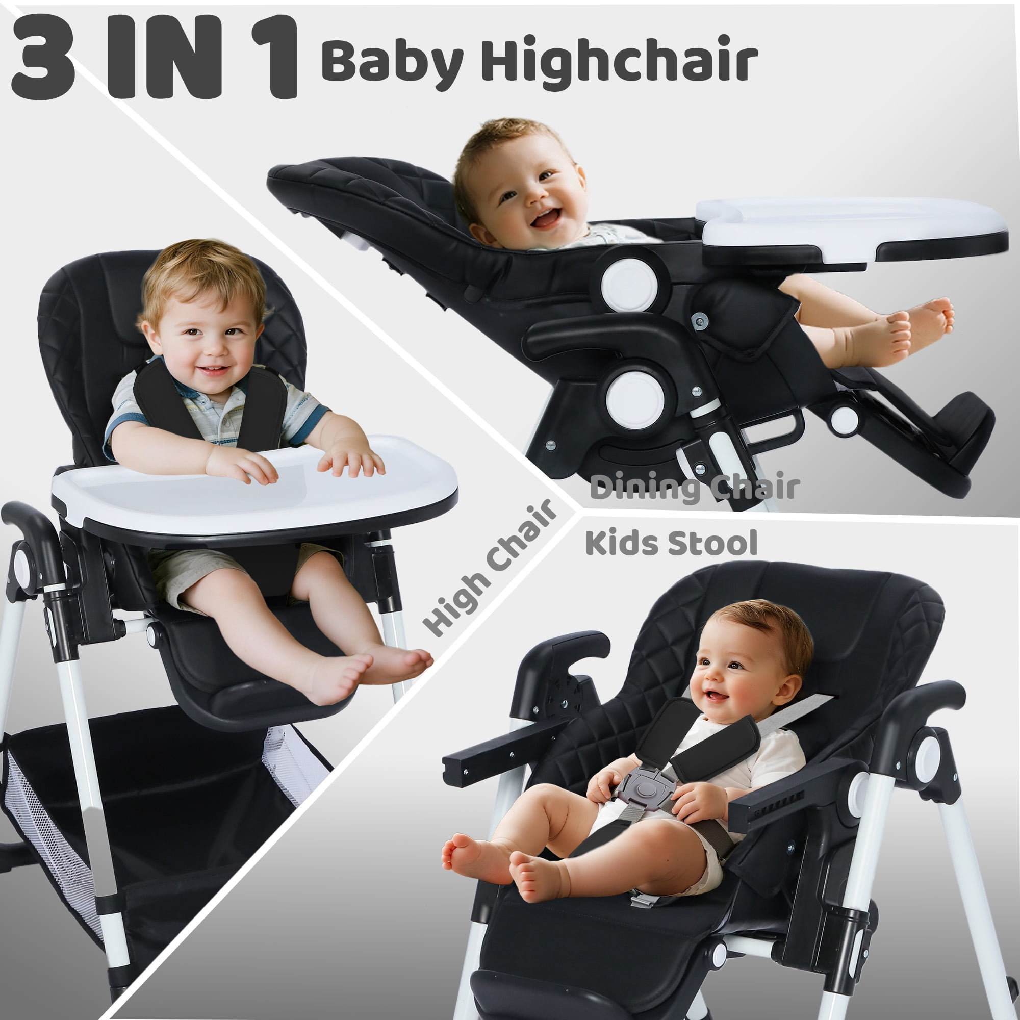 AILEEKISS Foldable Baby High Chair with Wheels, Adjustable Recline Toddler Eating Chair, Black
