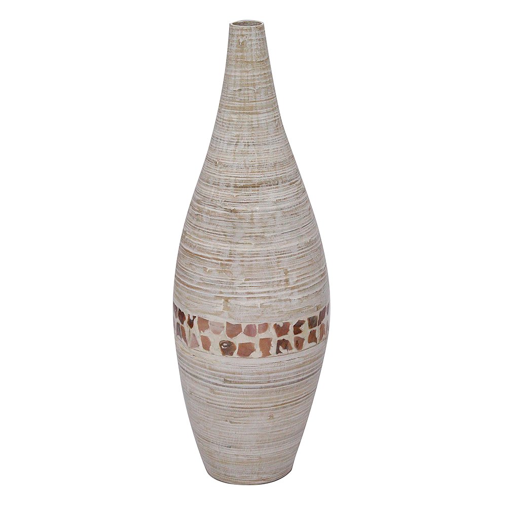 31" Spun Bamboo Floor Vase Bamboo In Distressed White W/ Coconut