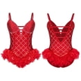 thumbnail image 3 of Aislor Women Rhinestones Feather Dacne Leotard Sleeveless Ballet Unitard Cocktail Party Dress Stage Wear Red S, 3 of 7