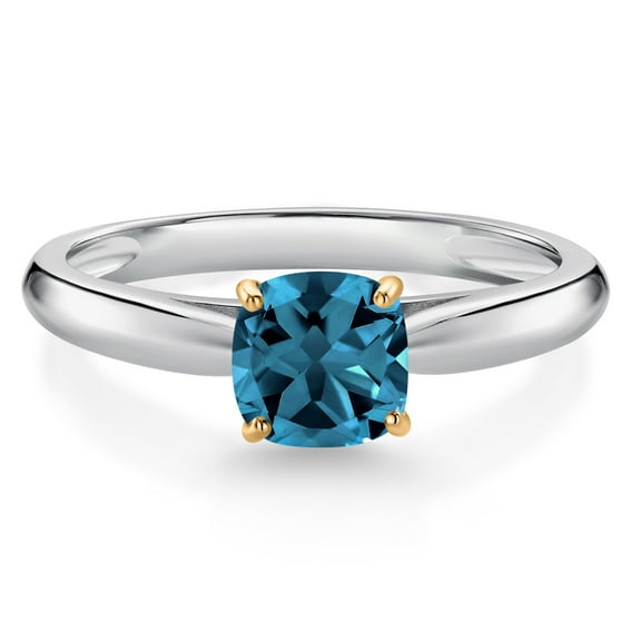 Gem Stone King 0.66 Ct Cushion London Blue Topaz 10K White and Yellow Gold Engagement Ring (Size 5)