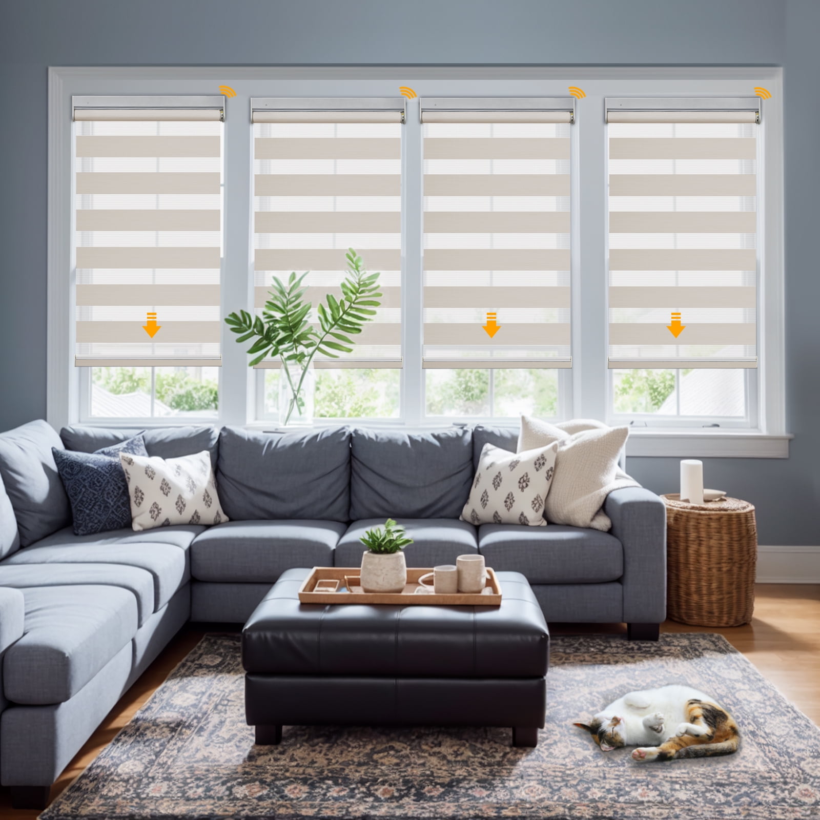 Keego No Drill No Tool Motorized Zebra Shades Blinds Remote Control Dual Layer Roller Shades Blackout Window Treatment - Apricot, 20"W x 40"H