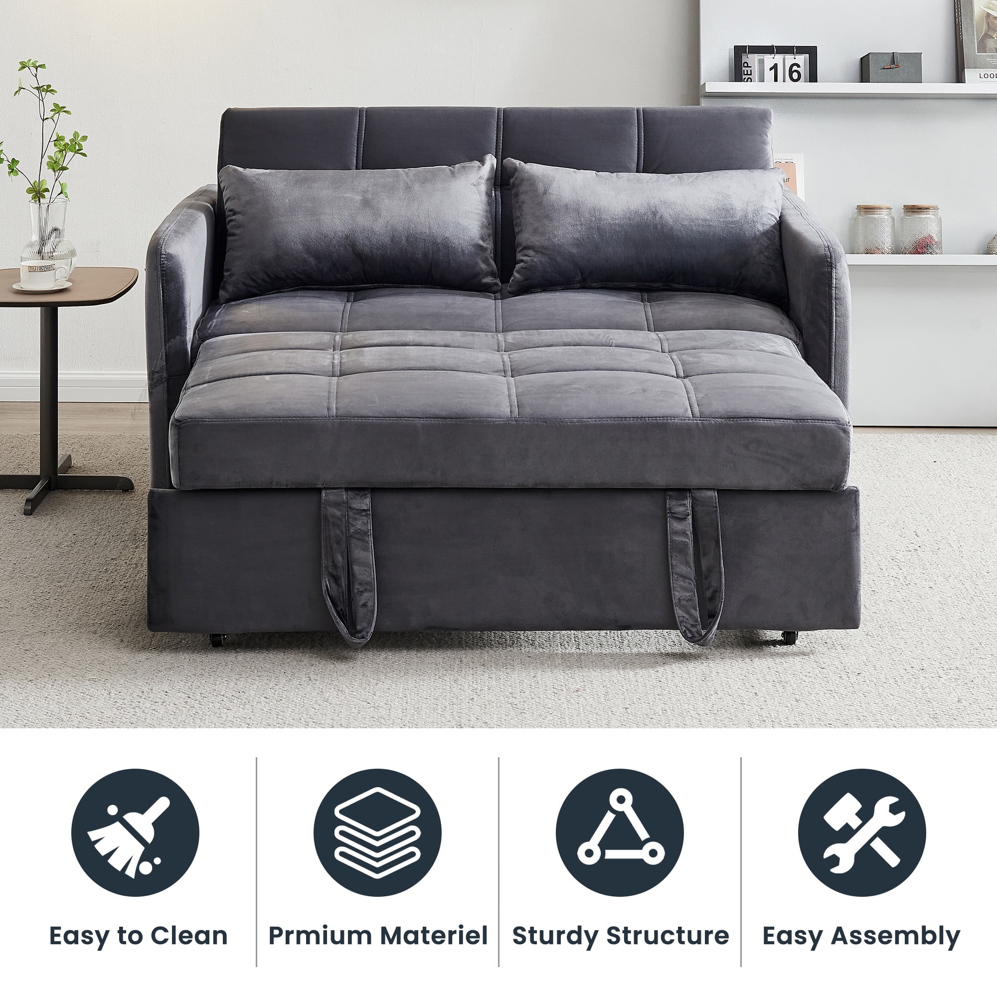 DEALTOPS 55.5" Pull Out Loveseats Sleeper Sofa Bed with USB Ports and Side Pockets, Gray