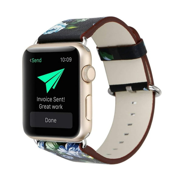 Apple Watch Bracelet, Floral Printed Leather Watch Band 38/40/41mm Strap for Apple Watch Flower Design Wrist Watch Bracelet (Black Blue Flower)