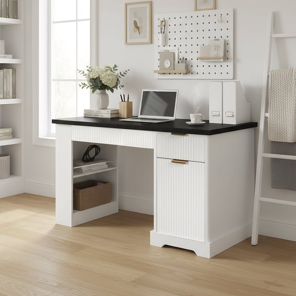 Office Desks 55" Modern Fluted Office Desk with Storage Cabinet & Drawers, Computer Writing Desk with Power Outlet, Pegboard and Keyboard Tray for Study, Living Room, Home Office, White,Home Office