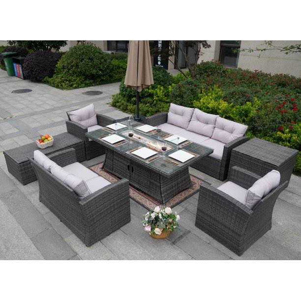 Outdoor 7Piece Rattan Sectional Sofa Sets with 72" Gas Fire Pit Table