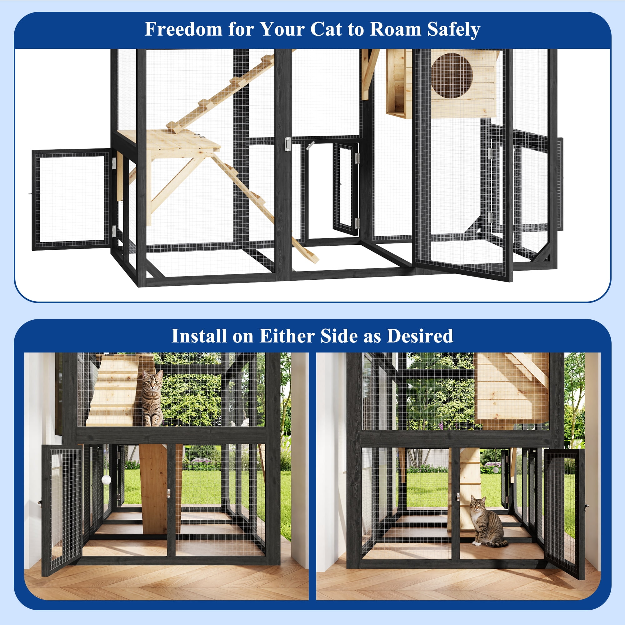 ANPOO 63''Luxury Walk-In Outdoor Catio, Large Wooden Cat Enclosure with Sloped Weatherproof Roof, Multi-Level Cat House with Cat Condo, Sisal Post & Ramps, Escape-Proof Cat Cage for Multiple Cats