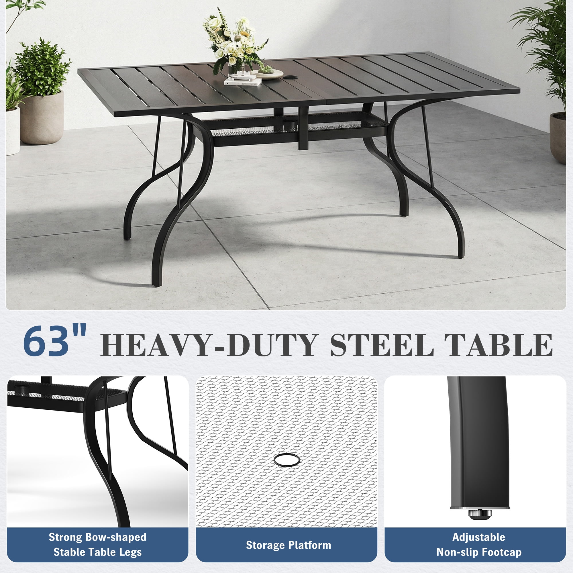 HOMREST 7 Piece Outdoor Patio Dining Set for 6, 63" Rectangular Metal Table with Umbrella Hole and Storage Shelf, Stackable Steel Chairs, Large Patio Furniture Set for Deck/Backyard/Poolside/Garden