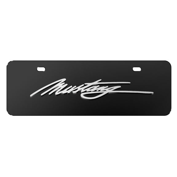 Ford Mustang Script 3D Logo 12" x 4.25" European Look Black Half-Size Stainless Steel License Plate
