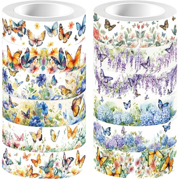 12 Styles Butterfly Masking Tape Journal Tape 16.4FT Spring Flower Decorative Gift Wrapping Tapes Rolls for DIY Crafts Scrapbook Journal Notebook Planner Envelope Party Favor Supplies