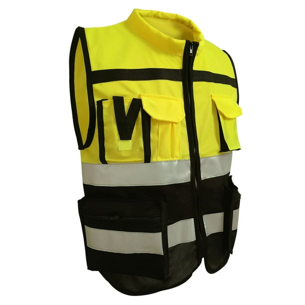 Chaleco de seguridad reflectante de alta visibilidad con cremallera frontal y cuello suave, chaleco de seguridad con bolsillos para trabajar, amarillo, negro, XXL 180