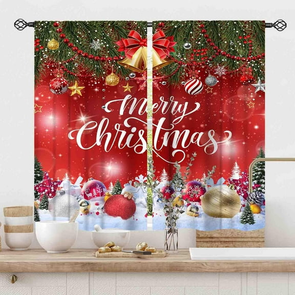 Christmas Curtains for Living Room, Red Xmas Merry Christmas Fir Twigs Ball New Year Winter Snow Holiday Party Decor Window Drapery Treatments for Bedroom Kitchen Bathroom Home 2 Panels, 55x39 Inch