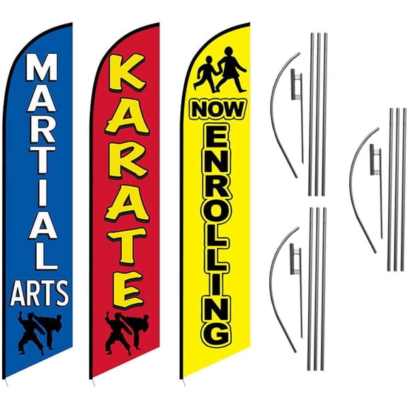 Martial Arts Karate Now Enrolling Pack of 3 Advertising Feather Banner Swooper Flag Kits with Ground Spikes