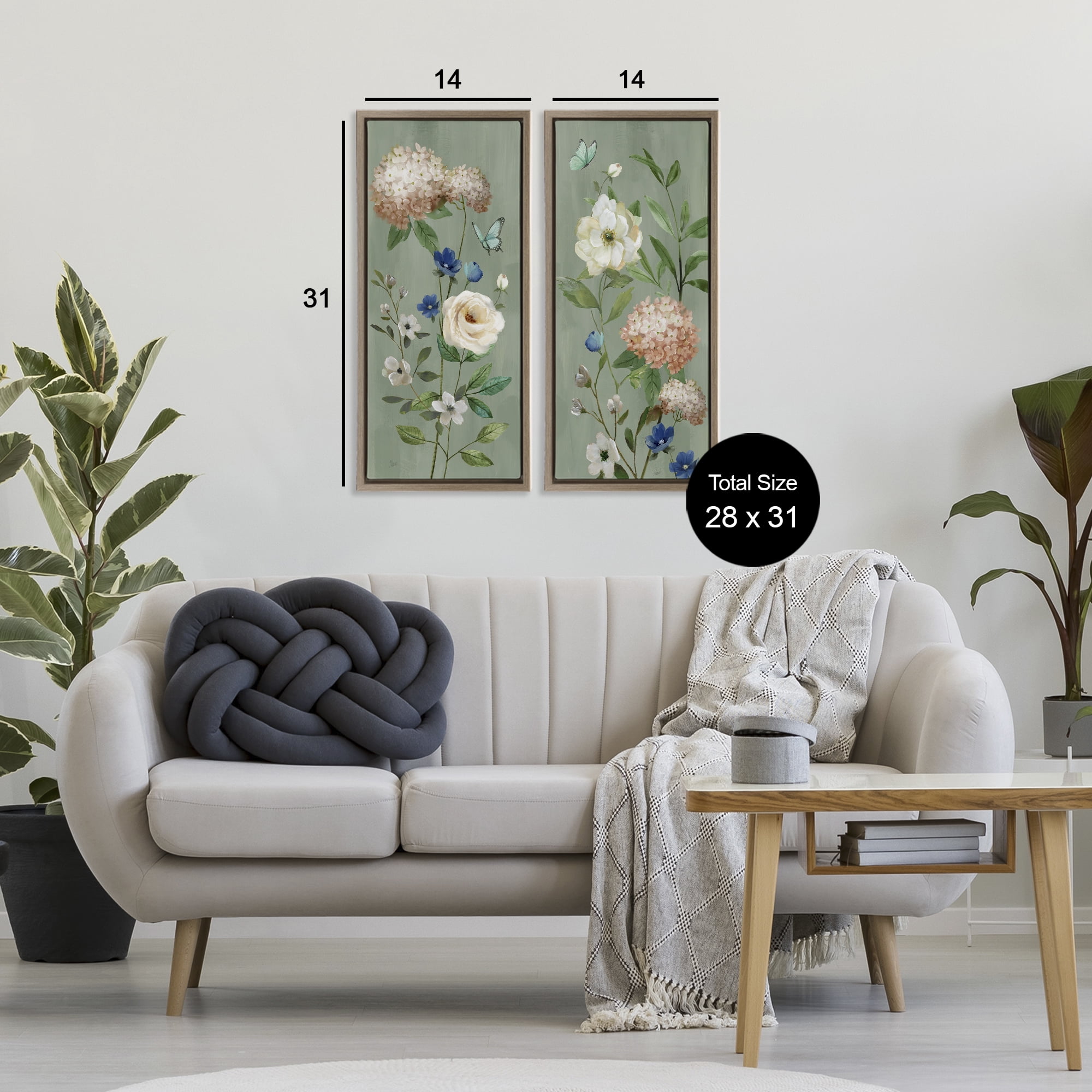 Stupell Industries Mint Hydrangeas & Roses 2 Piece Brown Framed Floater Canvas Set, design by Nan
