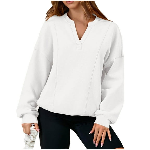 XuJwPNcy Women's Oversized Sweatshirts Long Sleeve Women Fall Clothes V Neck Loose Pullover Tops Winter Outfifs for Women（White,X-Large)