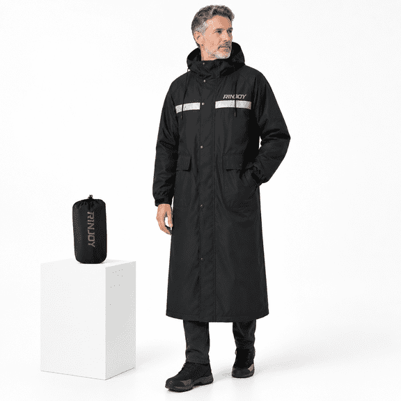 Black X-Large Men's Waterproof -Length Hooded Rain Jacket with Reflective Strips