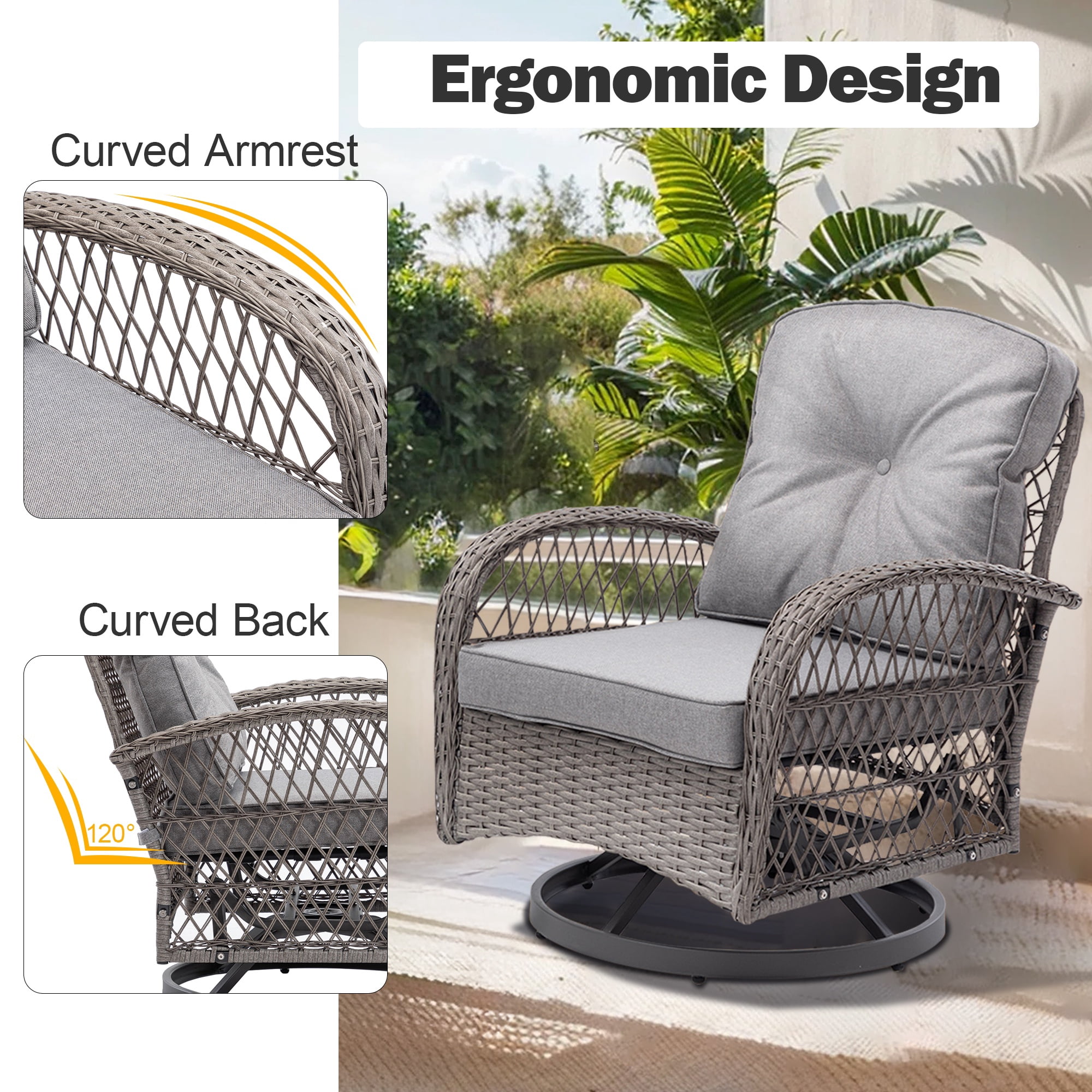 Patio Furniture Rocking Chairs Set, 3 Pieces Rattan Outdoor Furniture Cushioned, Patio Conversation Swivel Glider Rocker with Swivel Glider Rocker, Gray