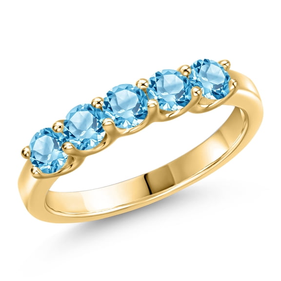 Gem Stone King 10K Yellow Gold Swiss Blue Topaz Wedding-Bands Ring for Women | 1.00 Cttw | Round 3.5MM | Gemstone November Birthstone | Size 5