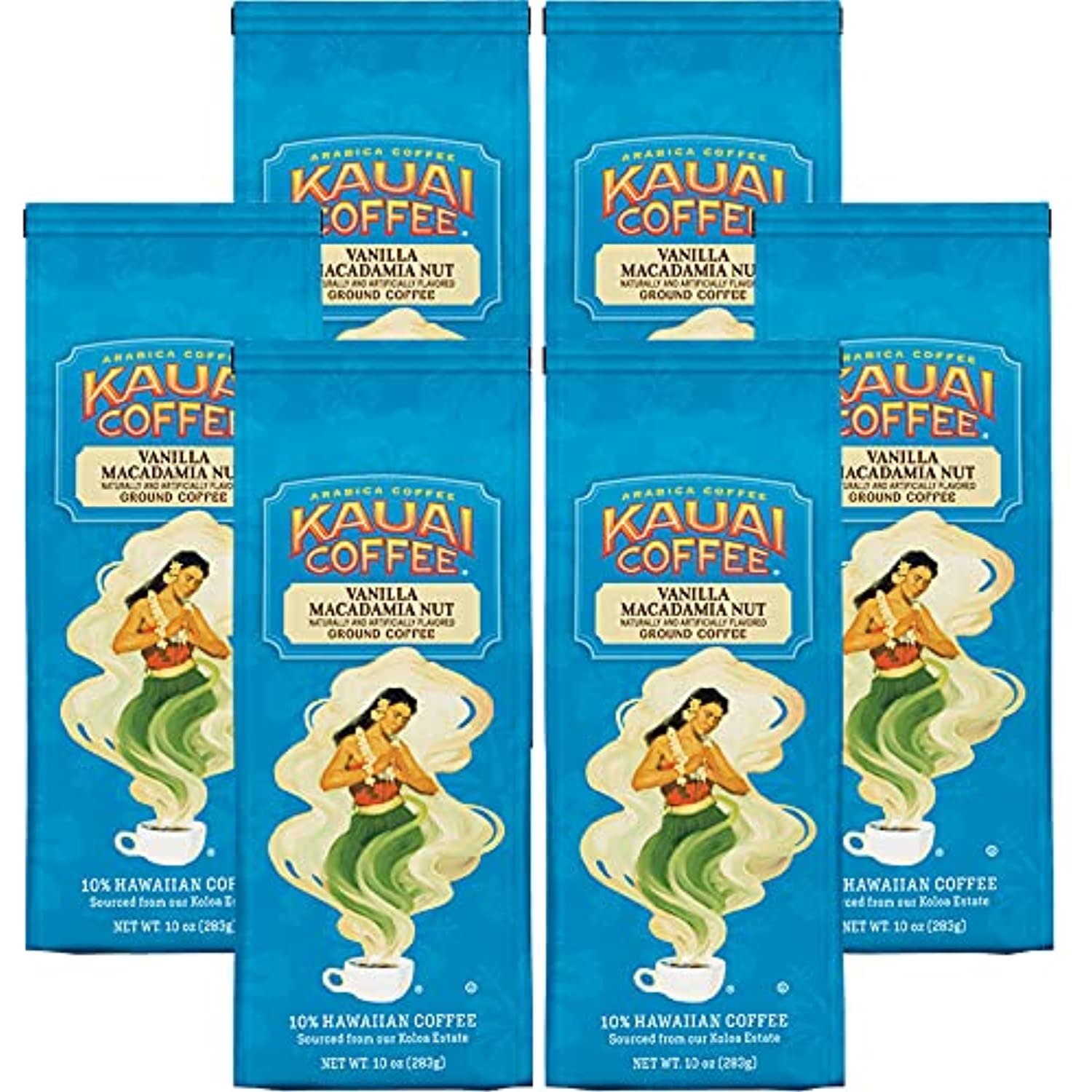 Kauai Coffee, Vanilla Macadamia Nut, Ground Coffee, 10Oz Bag (Pack Of 6)